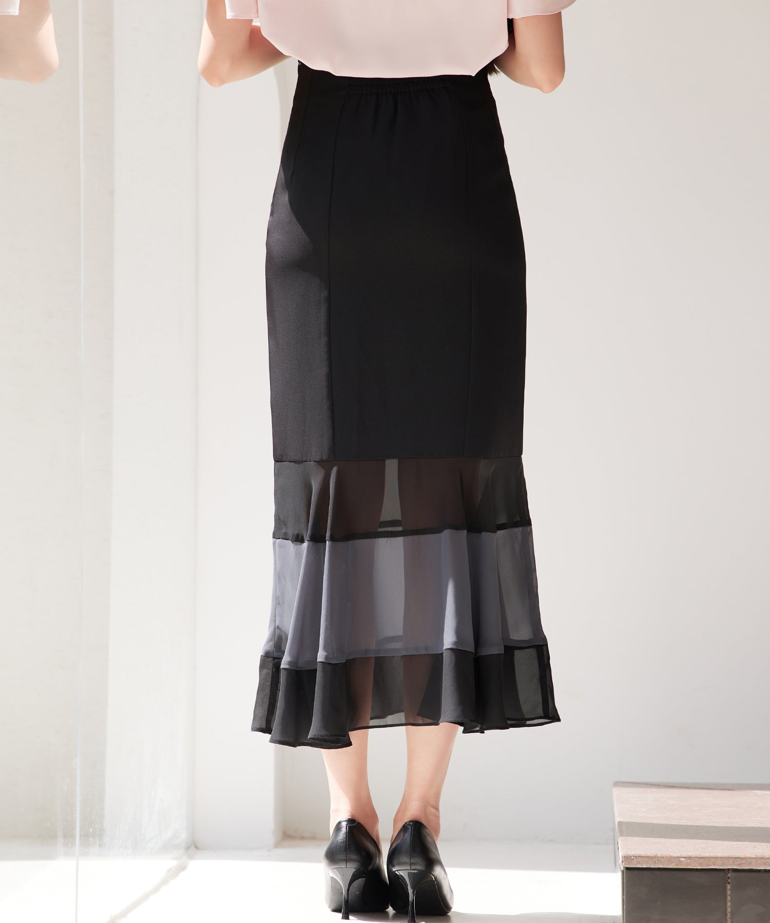 配色裾ハイウエストバックゴムスカートsdp0305 ブラック