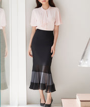 配色裾ハイウエストバックゴムスカートsdp0305 ブラック