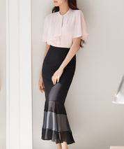 配色裾ハイウエストバックゴムスカートsdp0305 ブラック