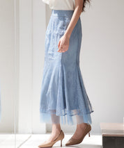総レースマーメイドロングスカートsdp0308 ブルーグレー