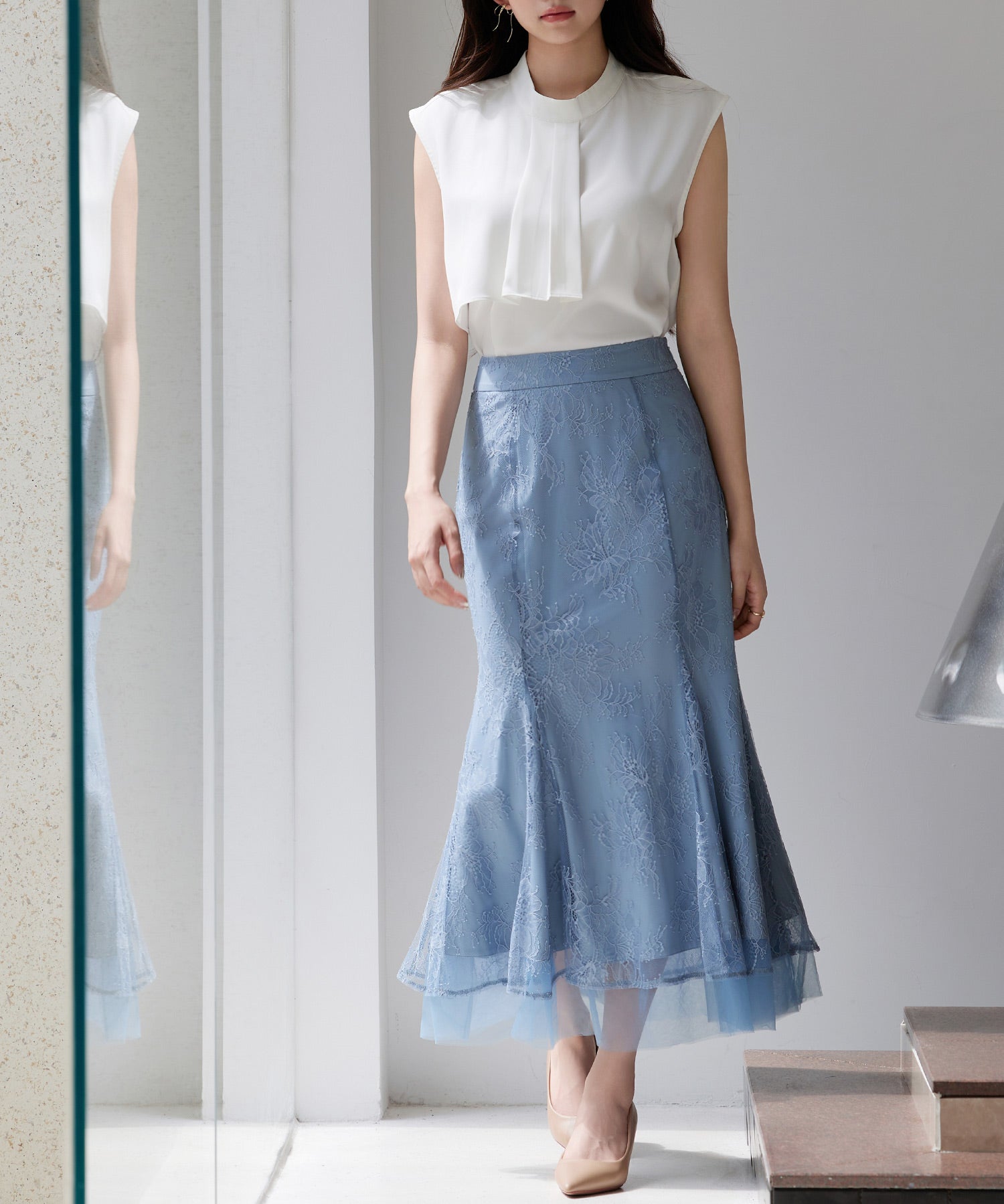 総レースマーメイドロングスカートsdp0308 ブルーグレー