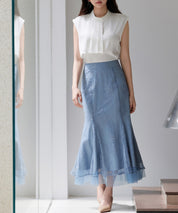 総レースマーメイドロングスカートsdp0308 ブルーグレー