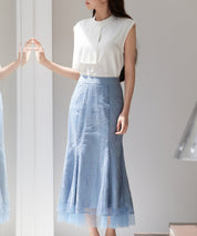 総レースマーメイドロングスカートsdp0308 ブルーグレー