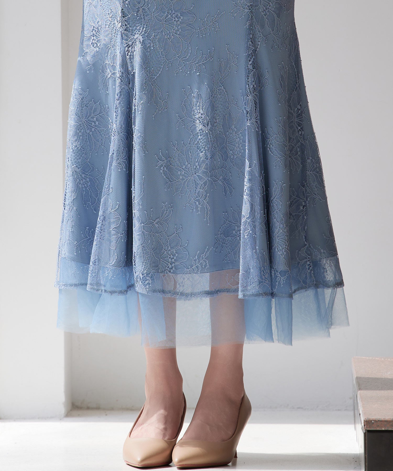 総レースマーメイドロングスカートsdp0308 ブルーグレー