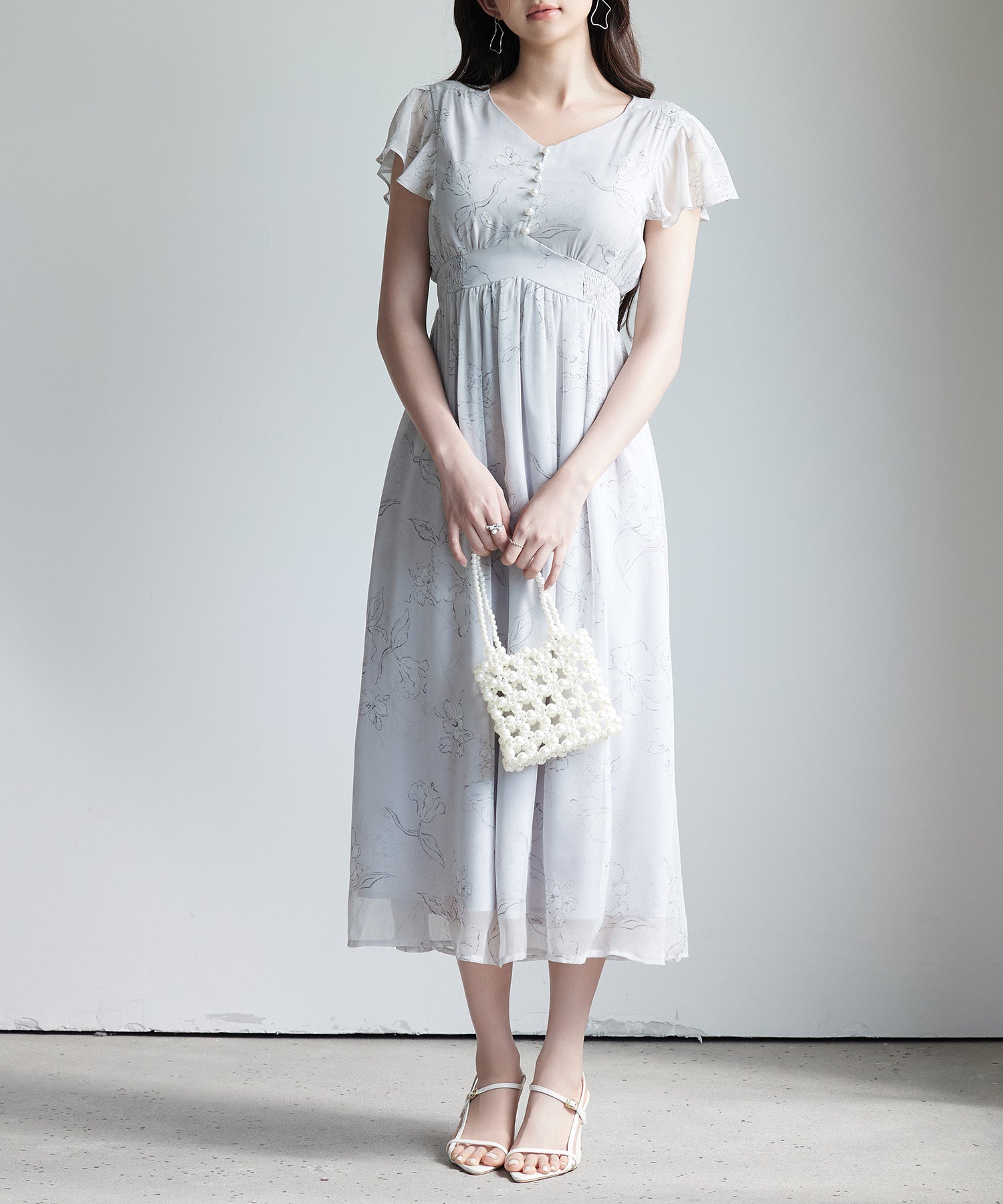 ふんわり花柄シフォンロングワンピースsdp0311 グレー