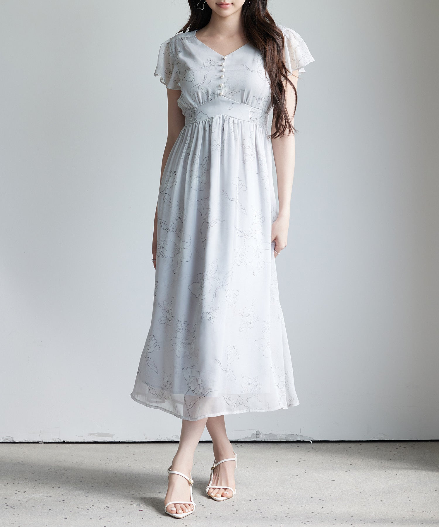 ふんわり花柄シフォンロングワンピースsdp0311 グレー