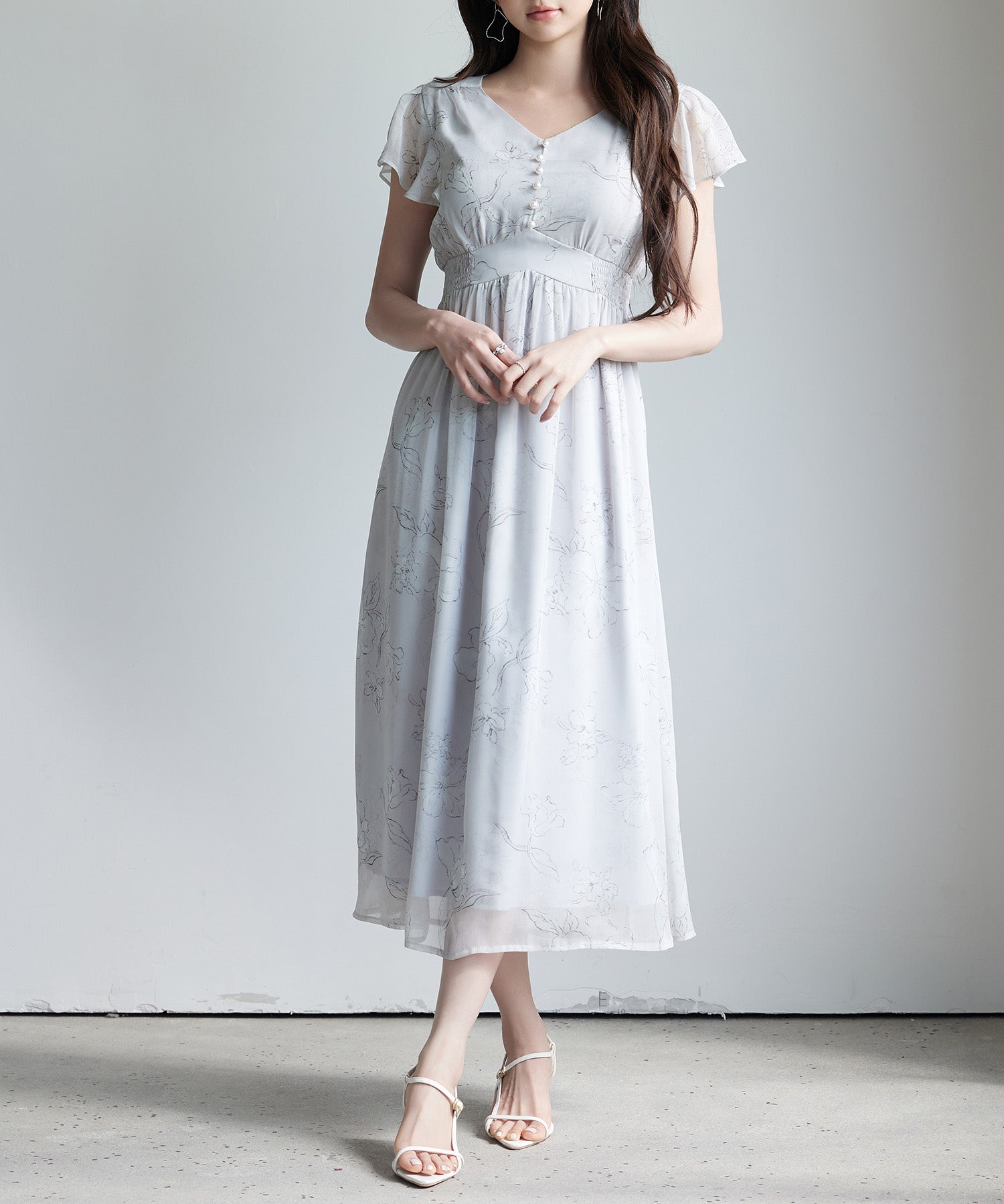 ふんわり花柄シフォンロングワンピースsdp0311 グレー