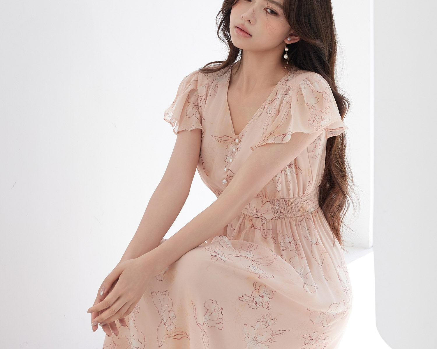 ふんわり花柄シフォンロングワンピースsdp0311 オレンジ