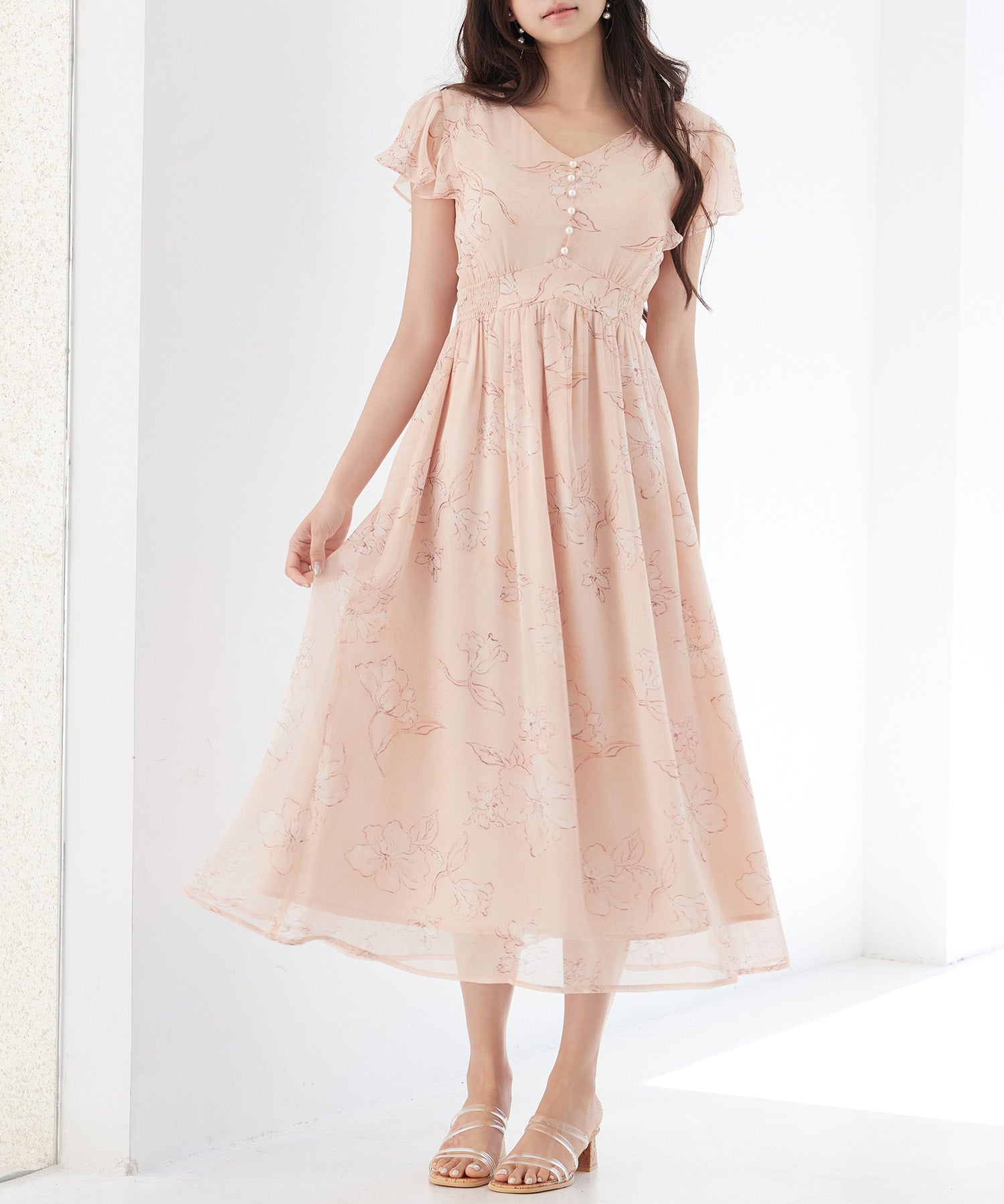 ふんわり花柄シフォンロングワンピースsdp0311 オレンジ