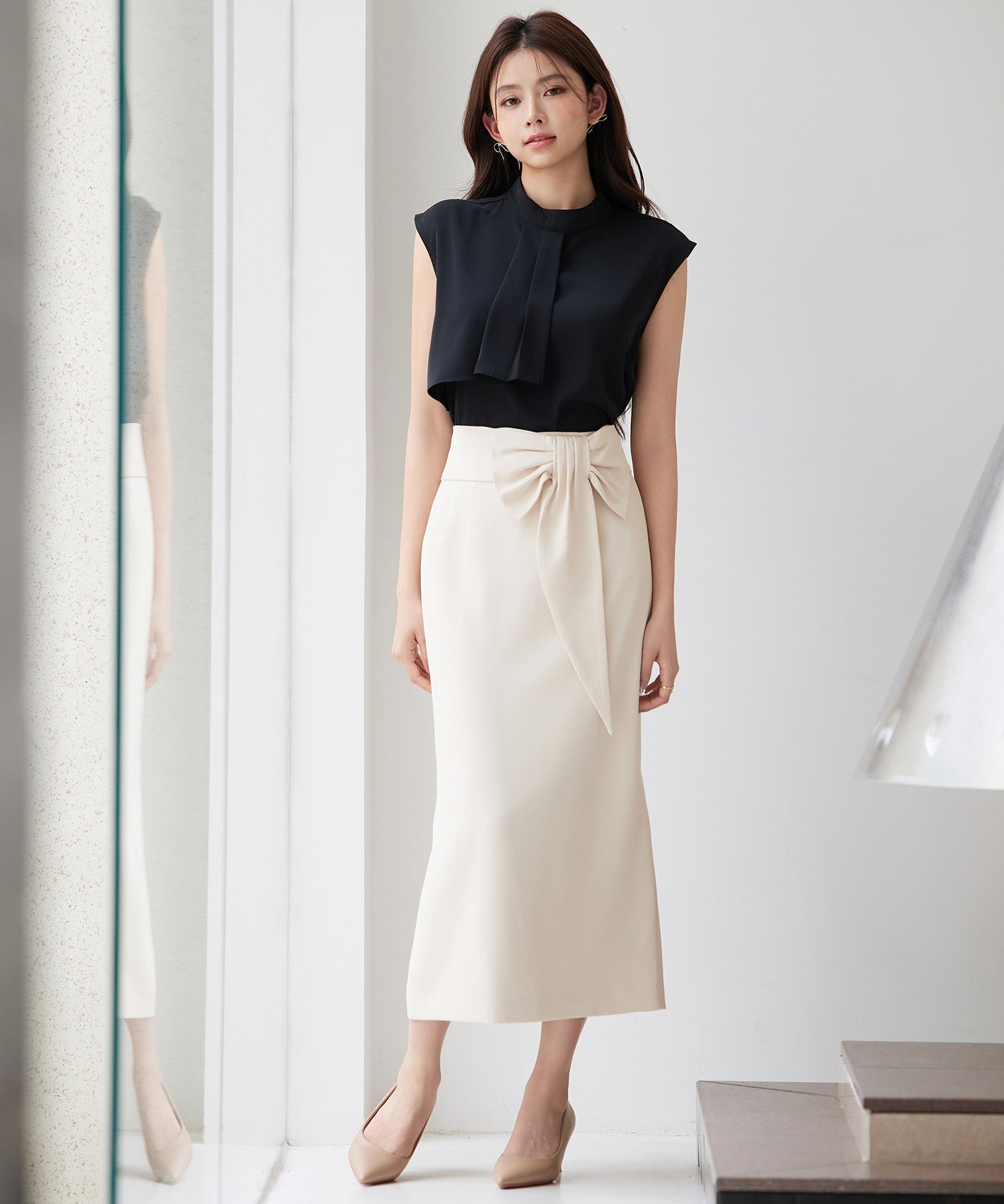 ビッグリボンロングタイトスカートsdp0312 ベージュ