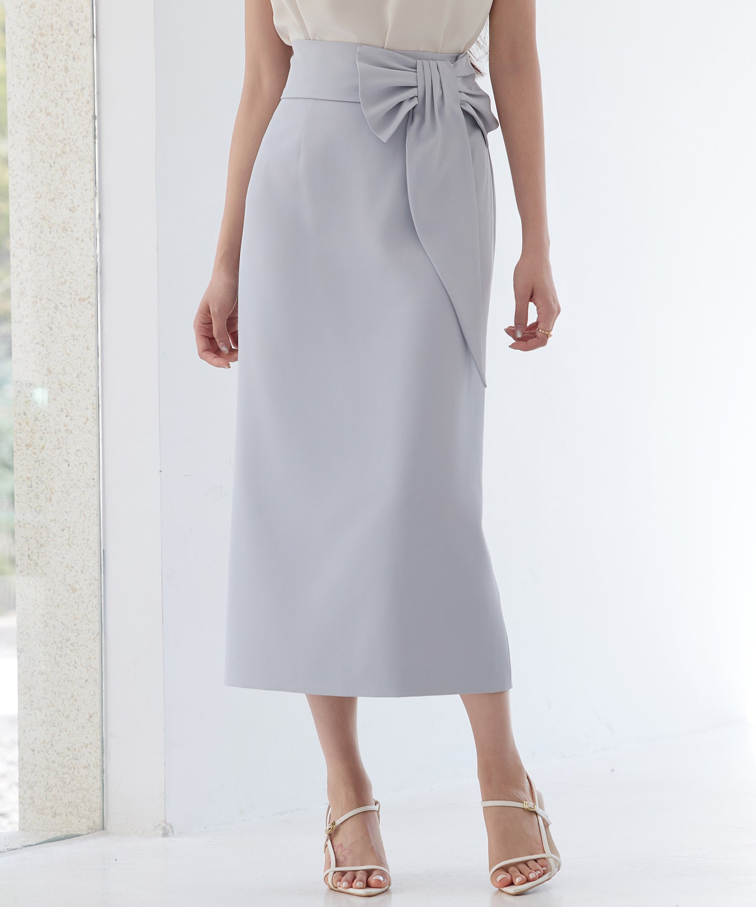 ビッグリボンロングタイトスカートsdp0312 ブルーグレー