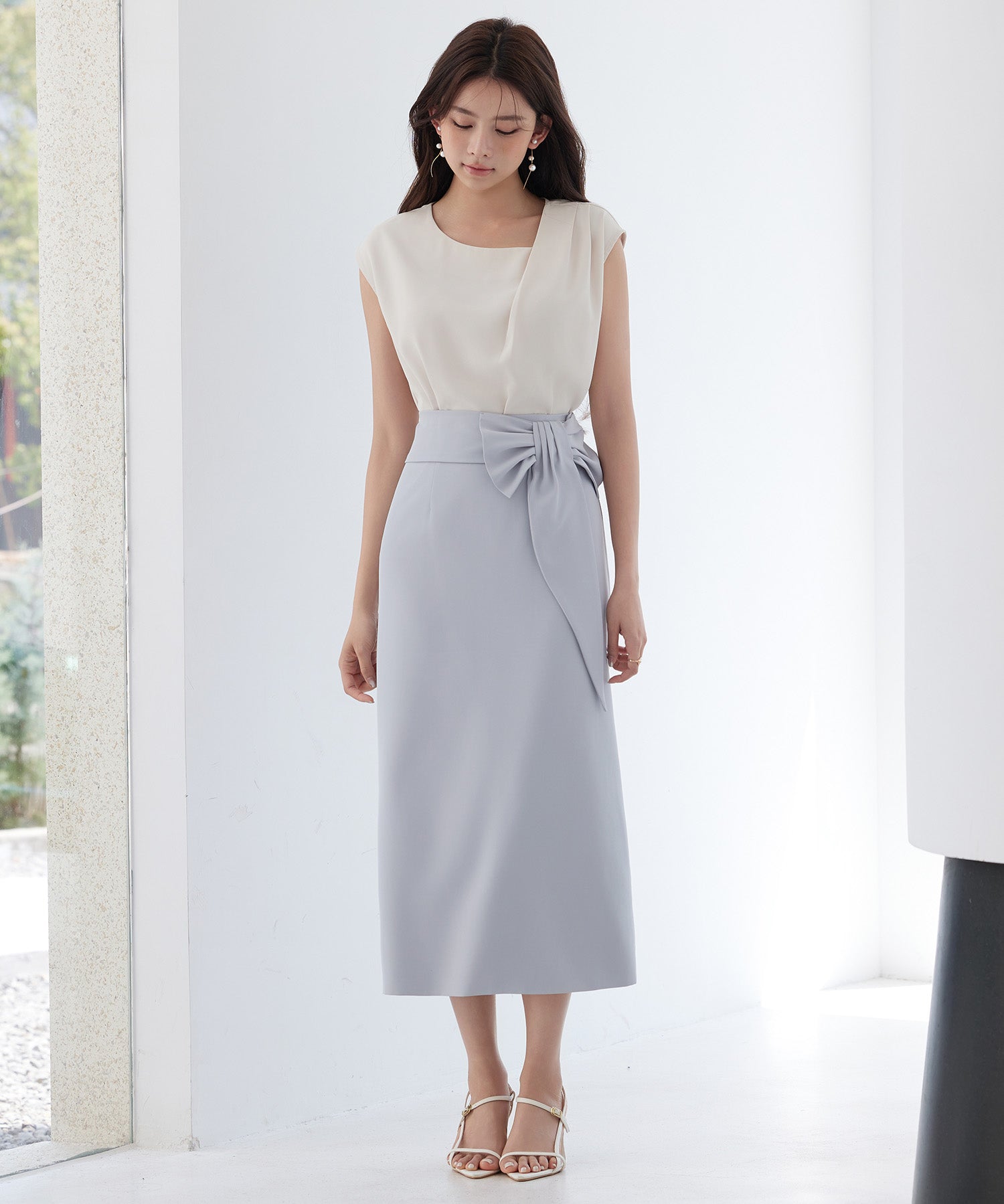 ビッグリボンロングタイトスカートsdp0312 ブルーグレー