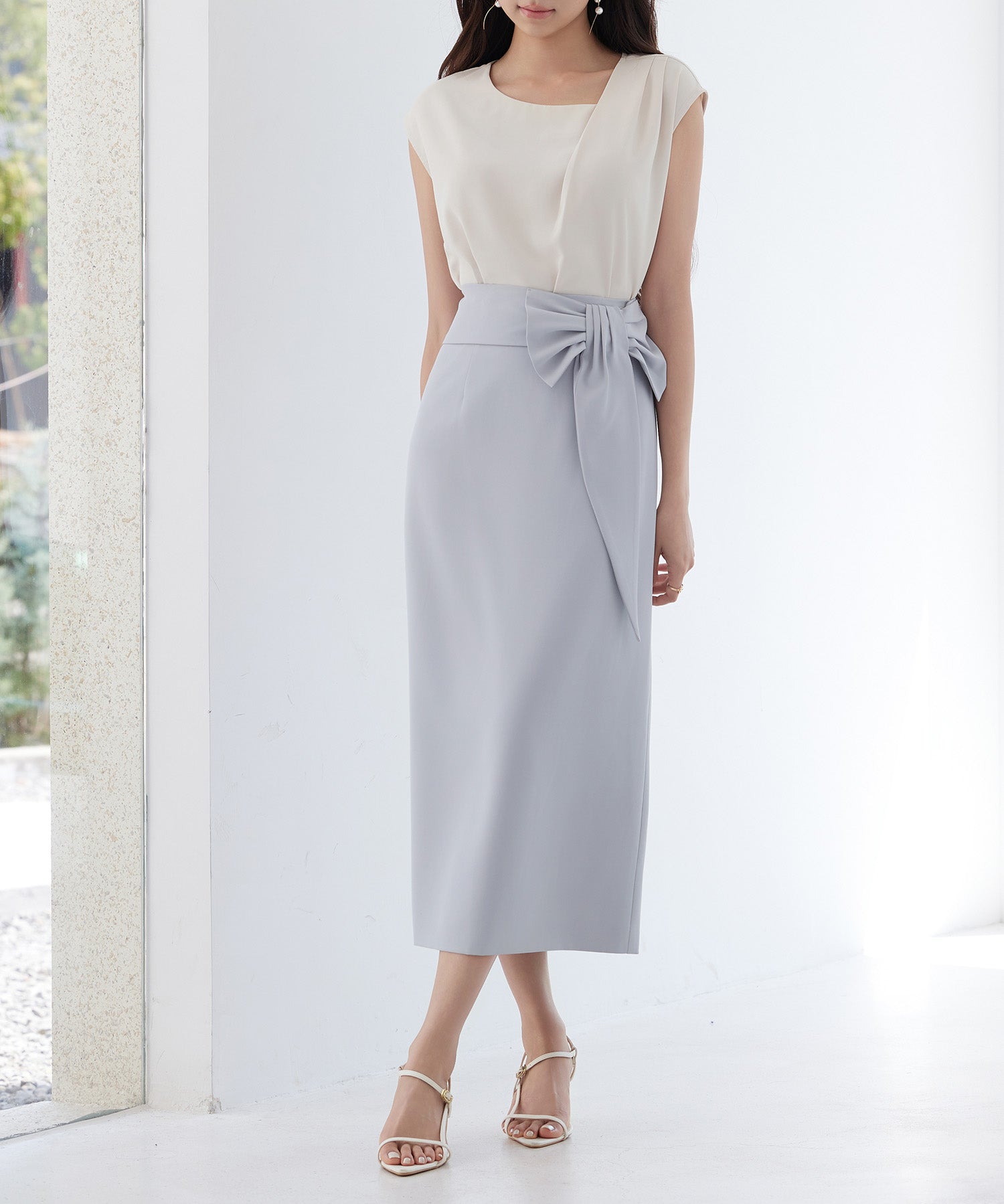 ビッグリボンロングタイトスカートsdp0312 ブルーグレー