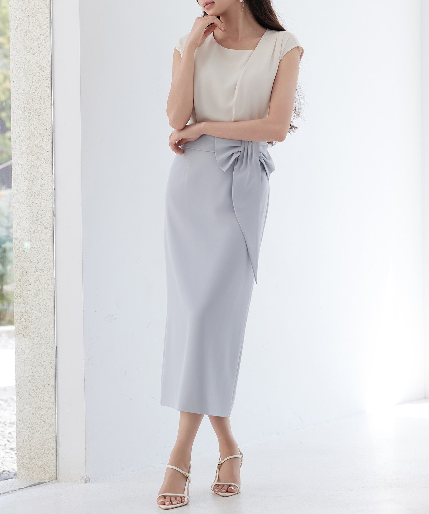 ビッグリボンロングタイトスカートsdp0312 ブルーグレー