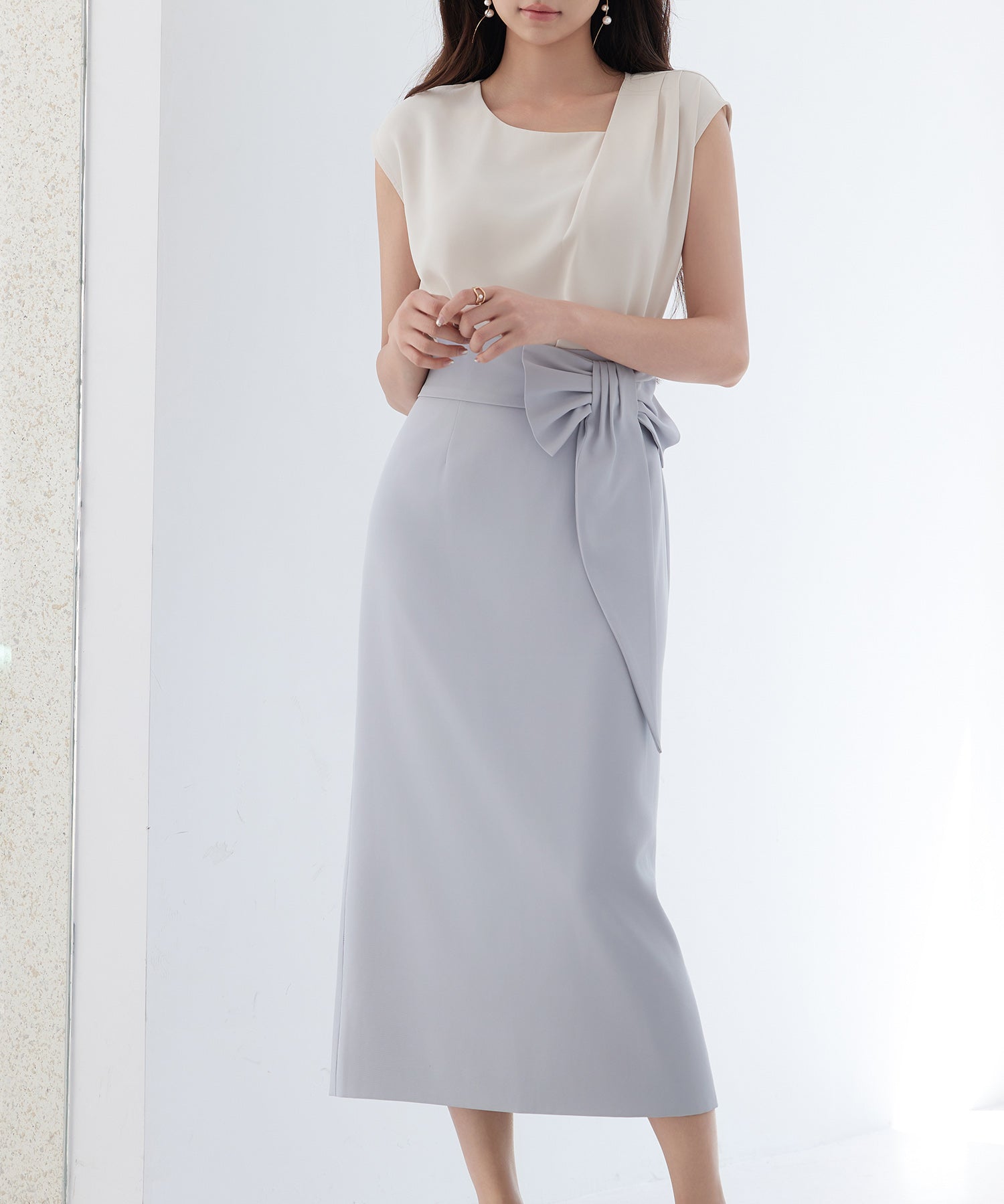 ビッグリボンロングタイトスカートsdp0312 ブルーグレー