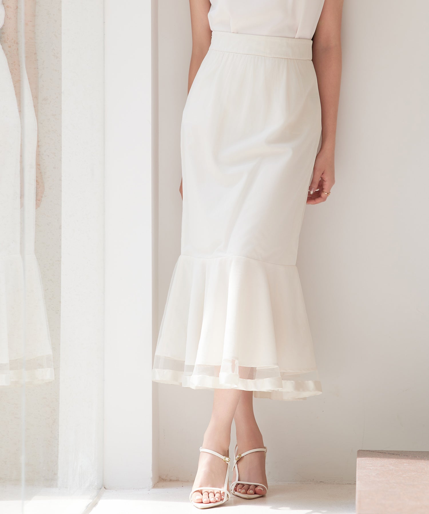 チュールマーメイド裾ロングスカートsdp0313 ベージュ