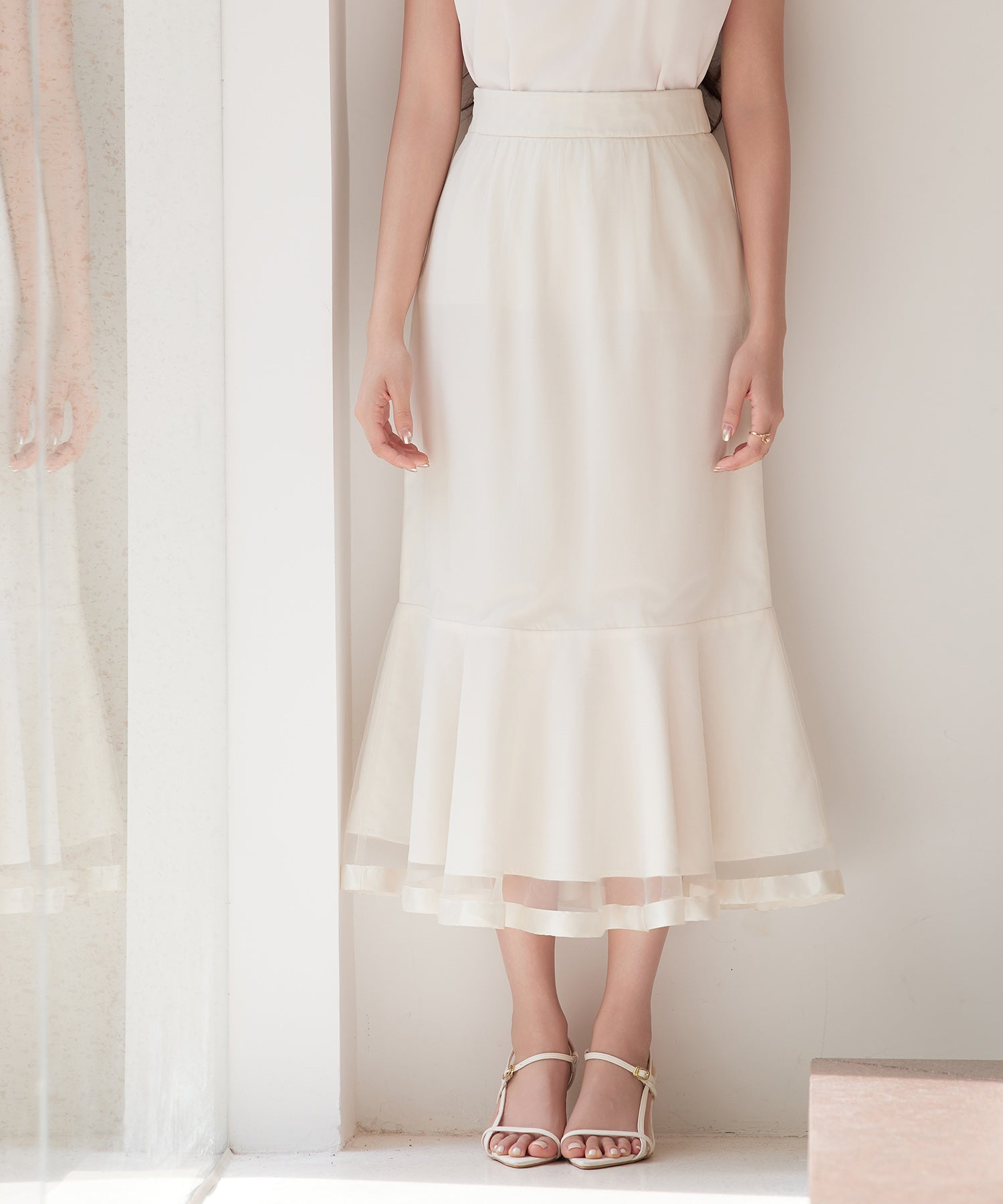 チュールマーメイド裾ロングスカートsdp0313 ベージュ