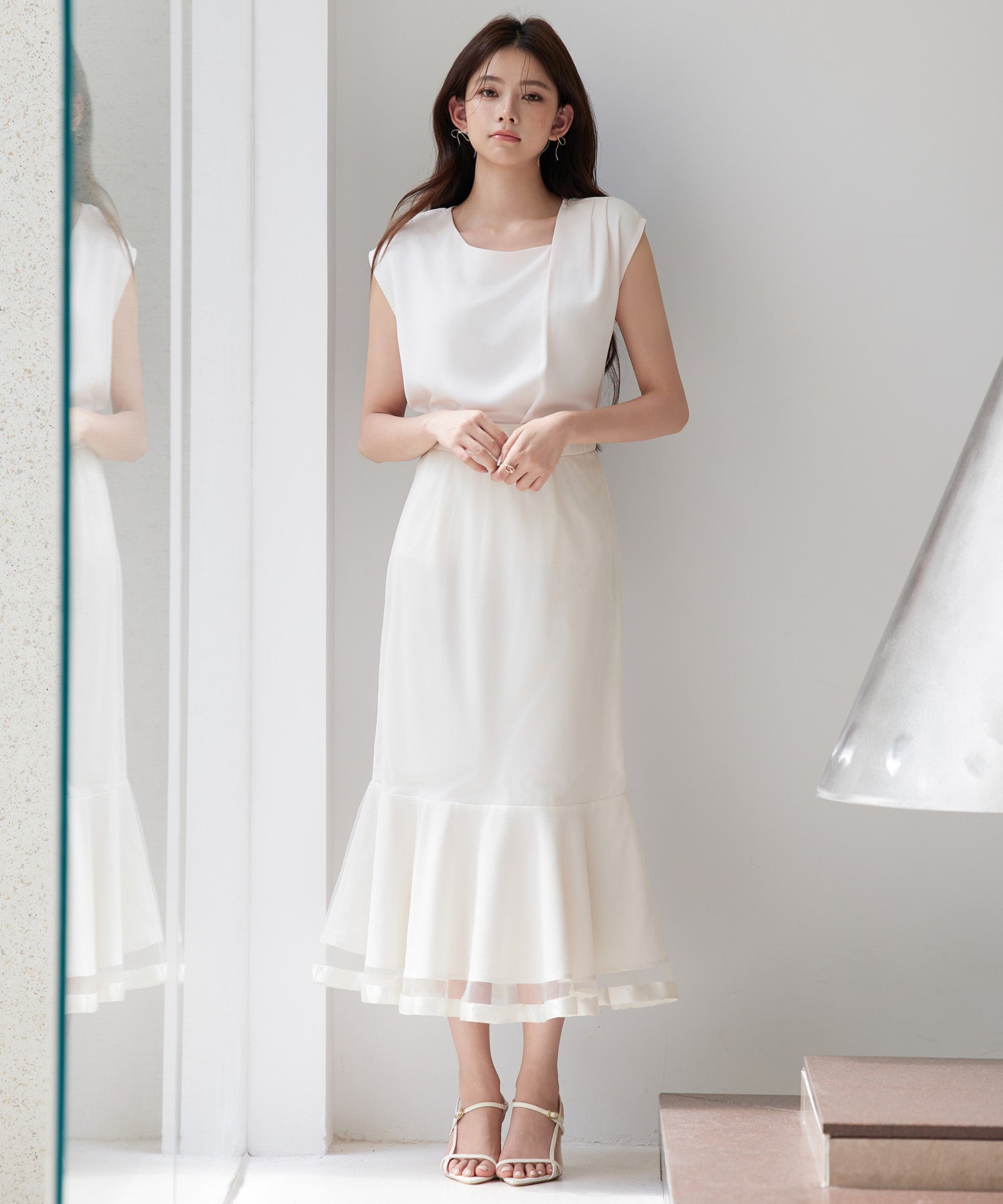 チュールマーメイド裾ロングスカートsdp0313 ベージュ