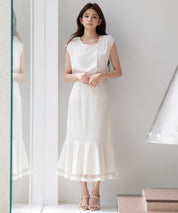 チュールマーメイド裾ロングスカートsdp0313 ベージュ