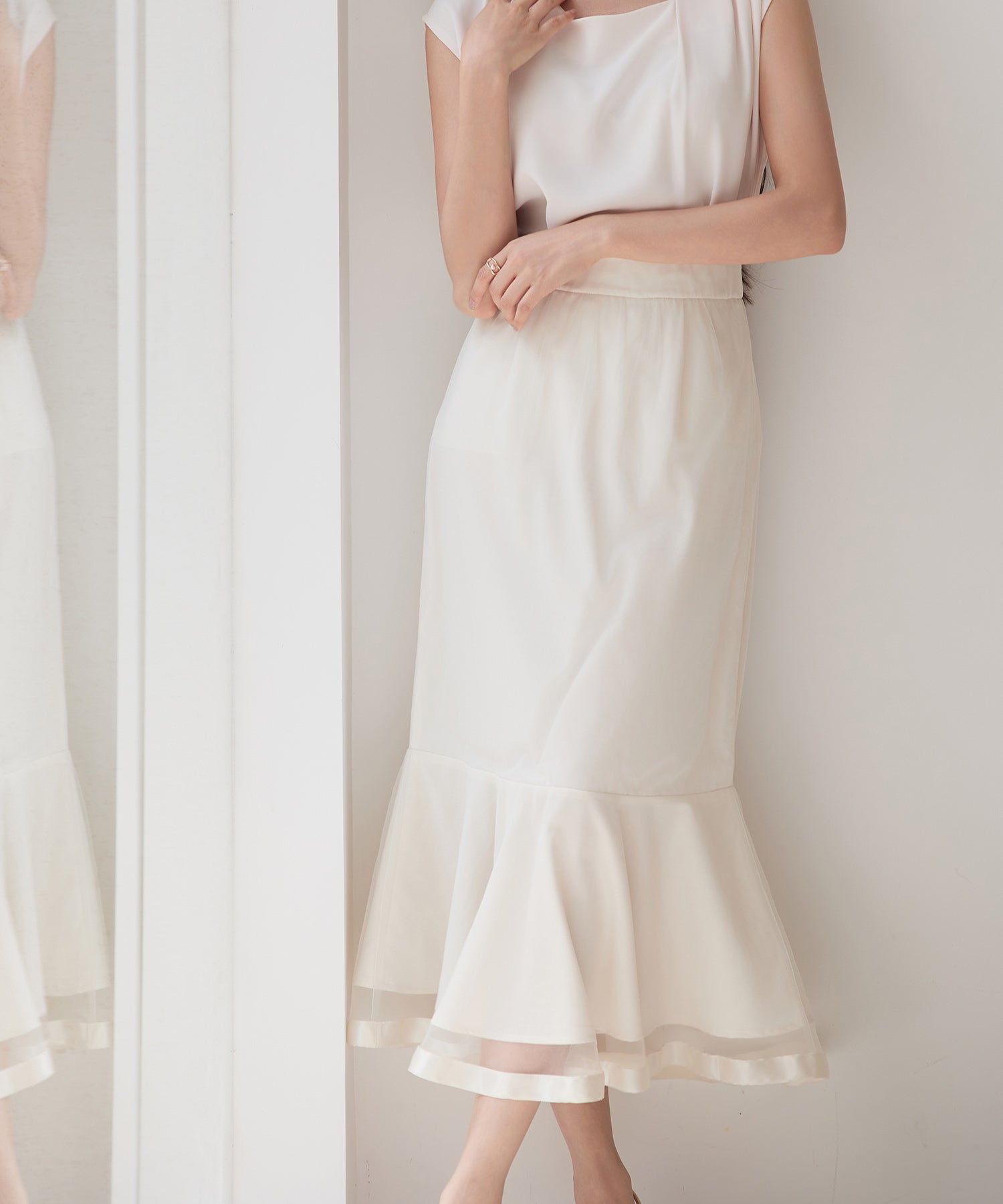 チュールマーメイド裾ロングスカートsdp0313 ベージュ