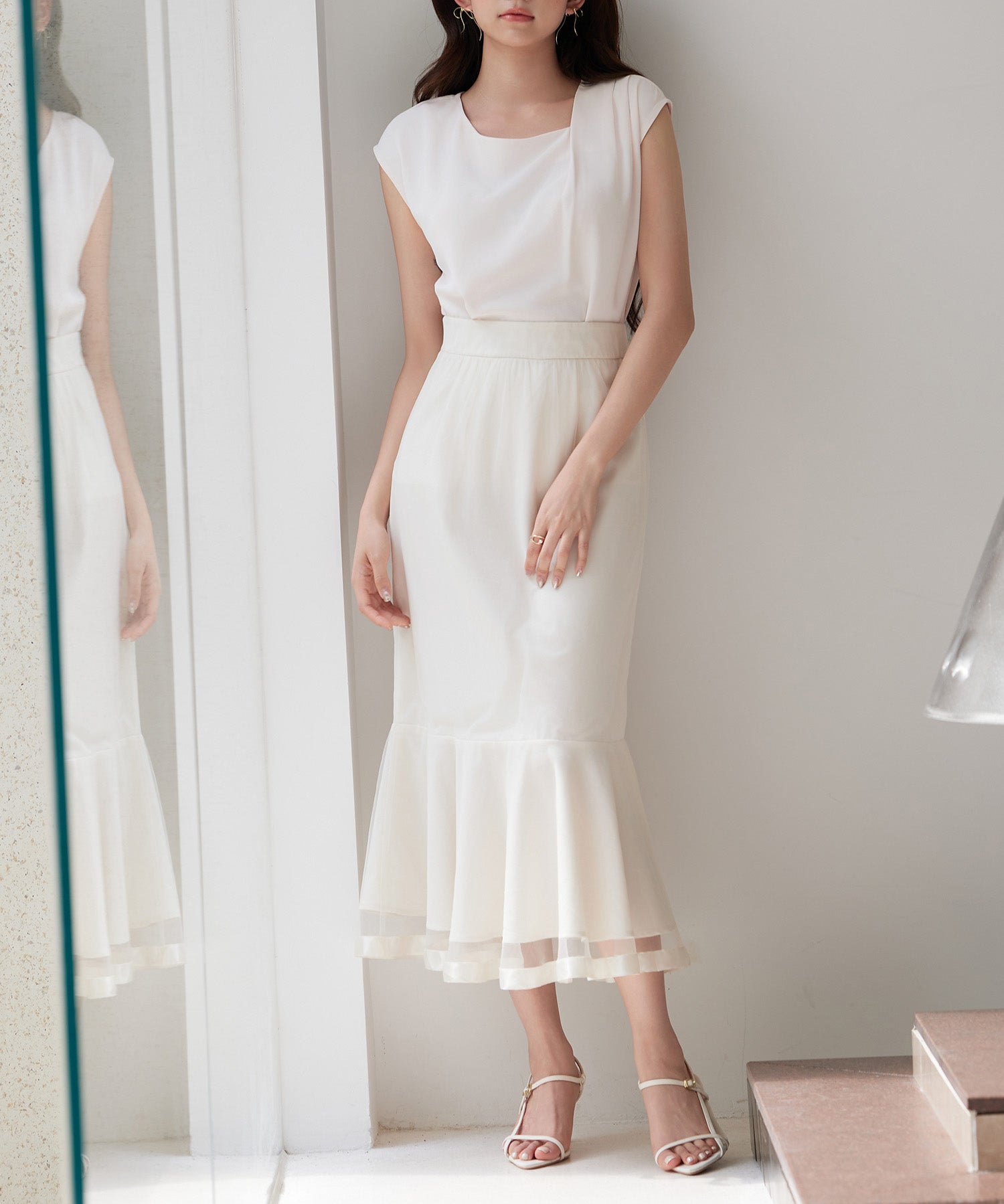 チュールマーメイド裾ロングスカートsdp0313 ベージュ