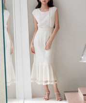 チュールマーメイド裾ロングスカートsdp0313 ベージュ