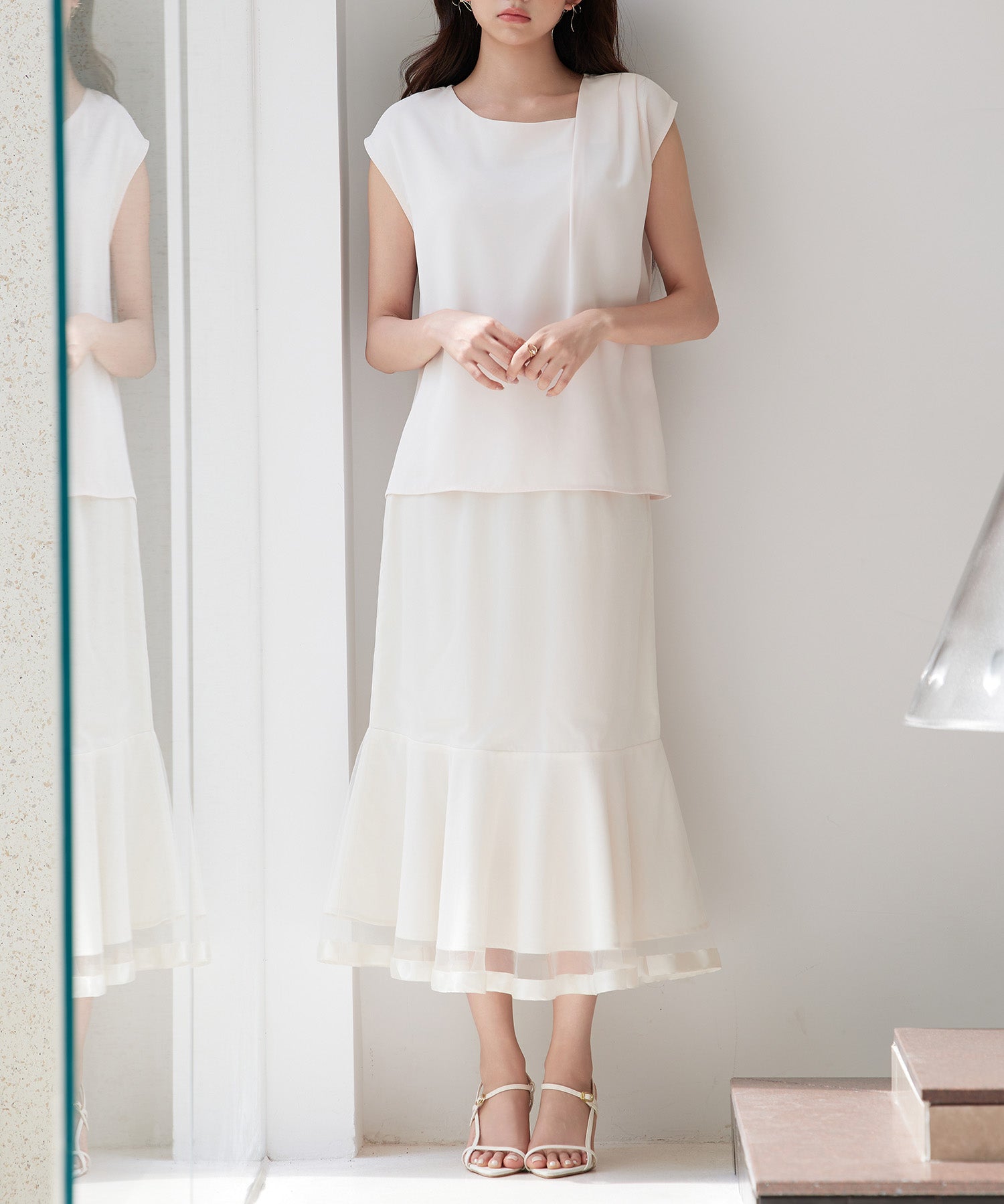 チュールマーメイド裾ロングスカートsdp0313 ベージュ