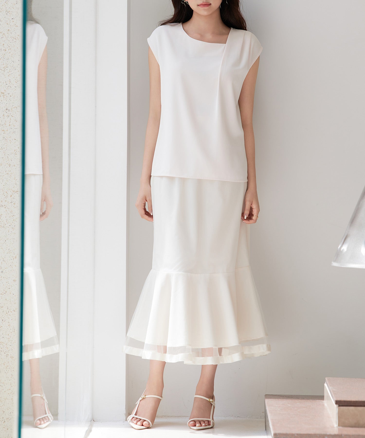 チュールマーメイド裾ロングスカートsdp0313 ベージュ