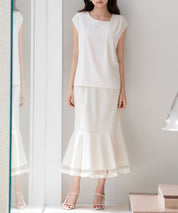 チュールマーメイド裾ロングスカートsdp0313 ベージュ