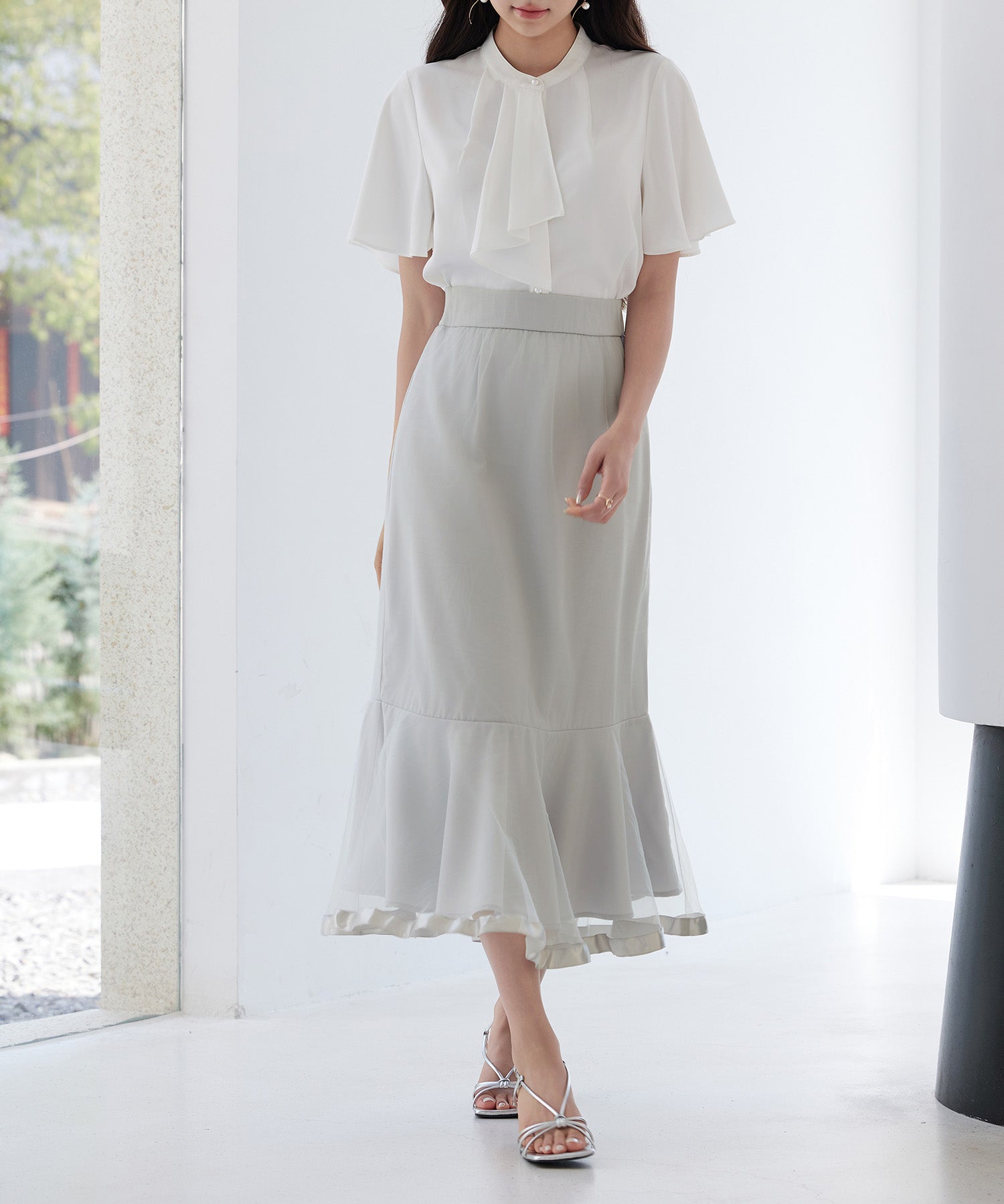 チュールマーメイド裾ロングスカートsdp0313 グレー