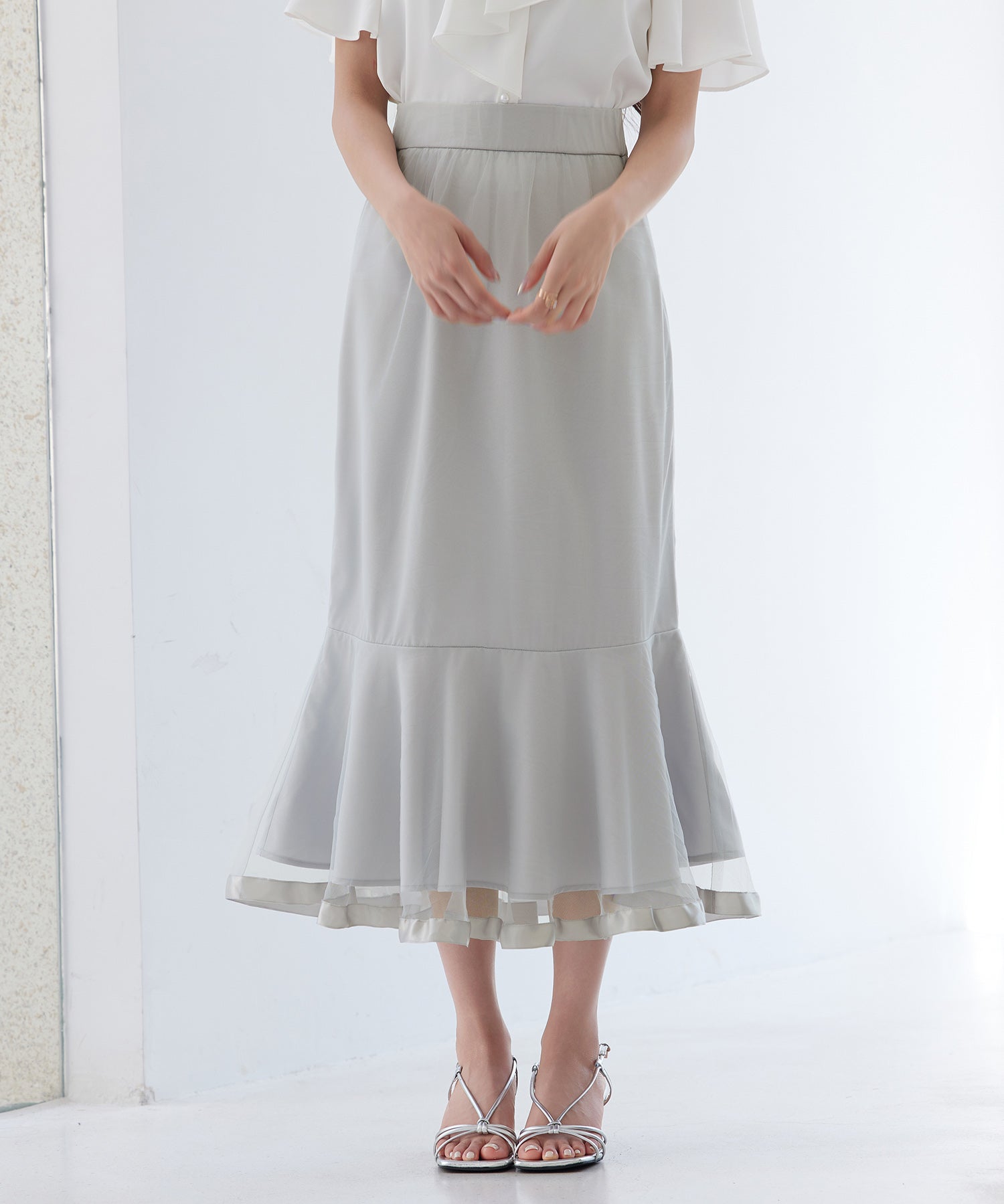 チュールマーメイド裾ロングスカートsdp0313 グレー