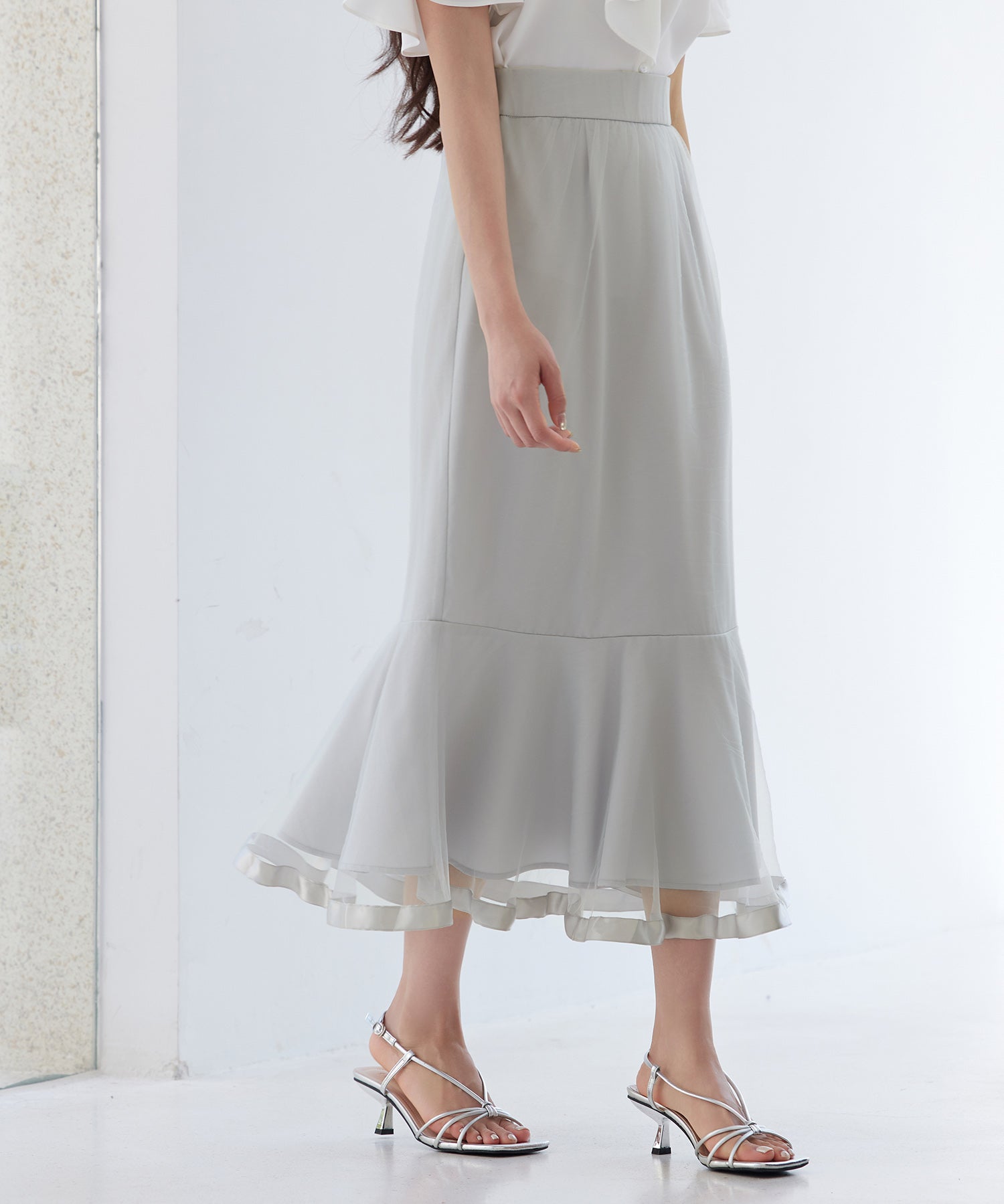 チュールマーメイド裾ロングスカートsdp0313 グレー