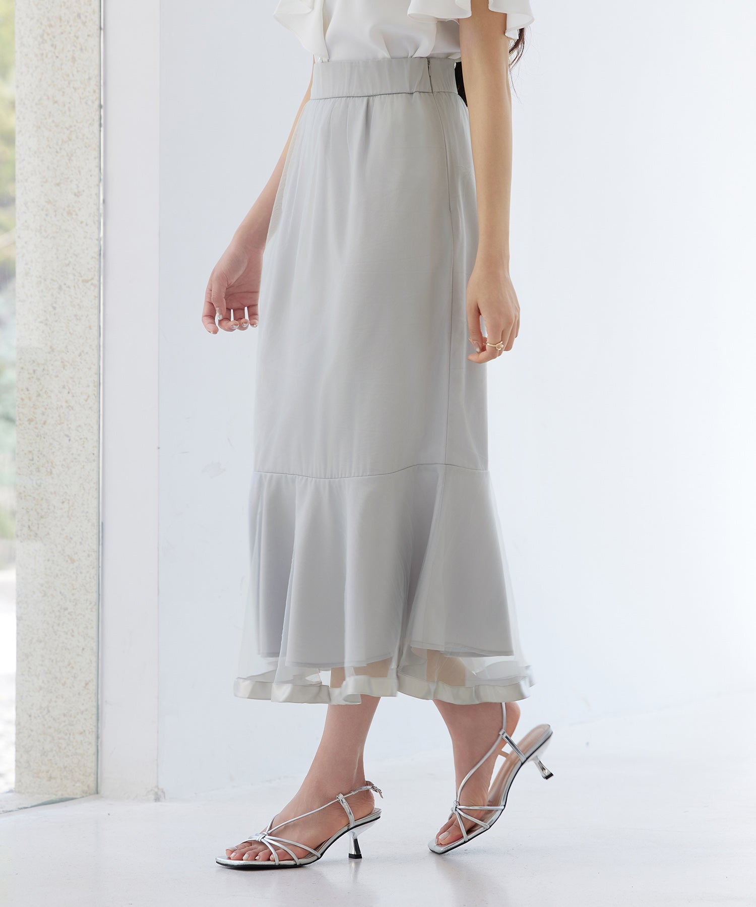チュールマーメイド裾ロングスカートsdp0313 グレー