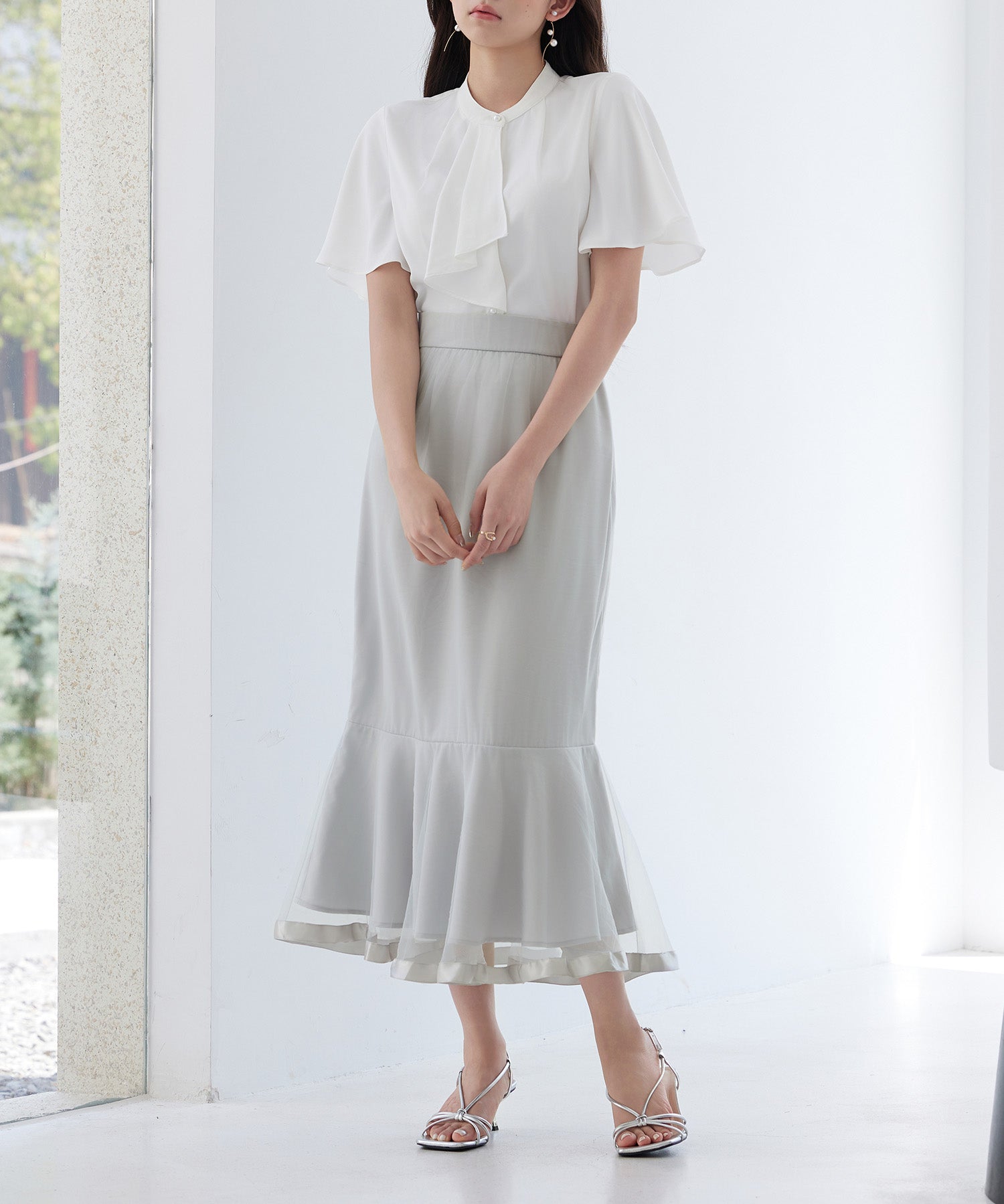 チュールマーメイド裾ロングスカートsdp0313 グレー