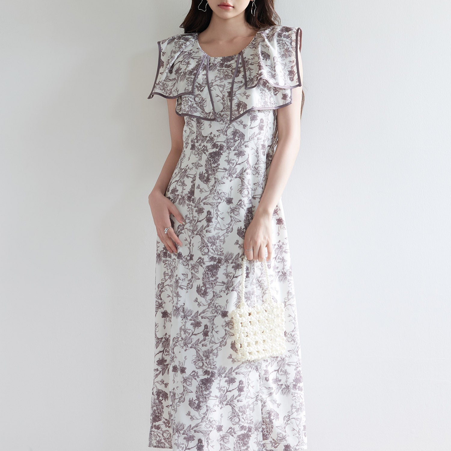 ラッフルカラー花柄ロングワンピースsdp0315 グレー