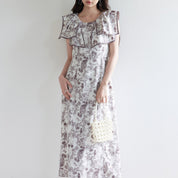 ラッフルカラー花柄ロングワンピースsdp0315 グレー