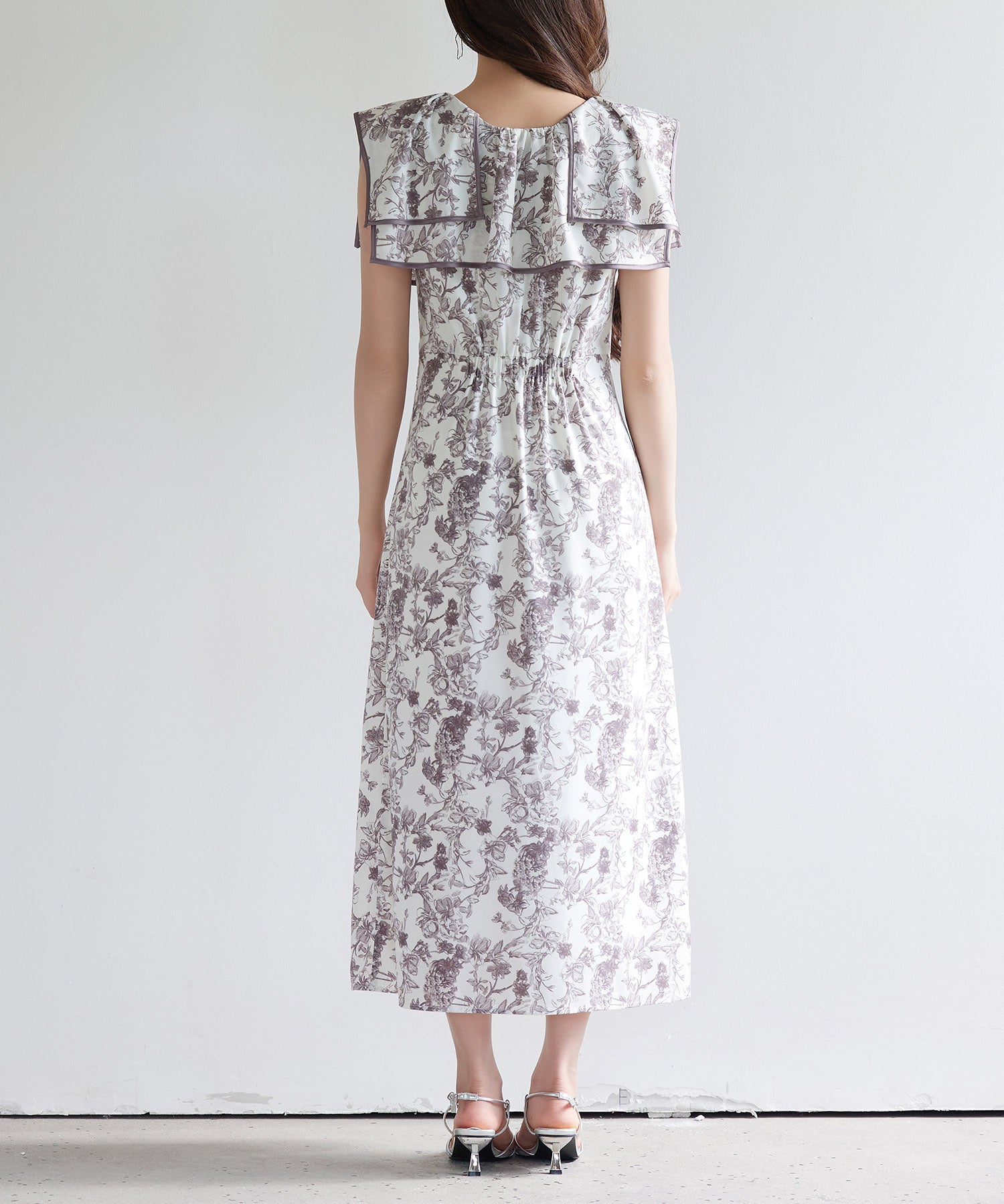 ラッフルカラー花柄ロングワンピースsdp0315 グレー