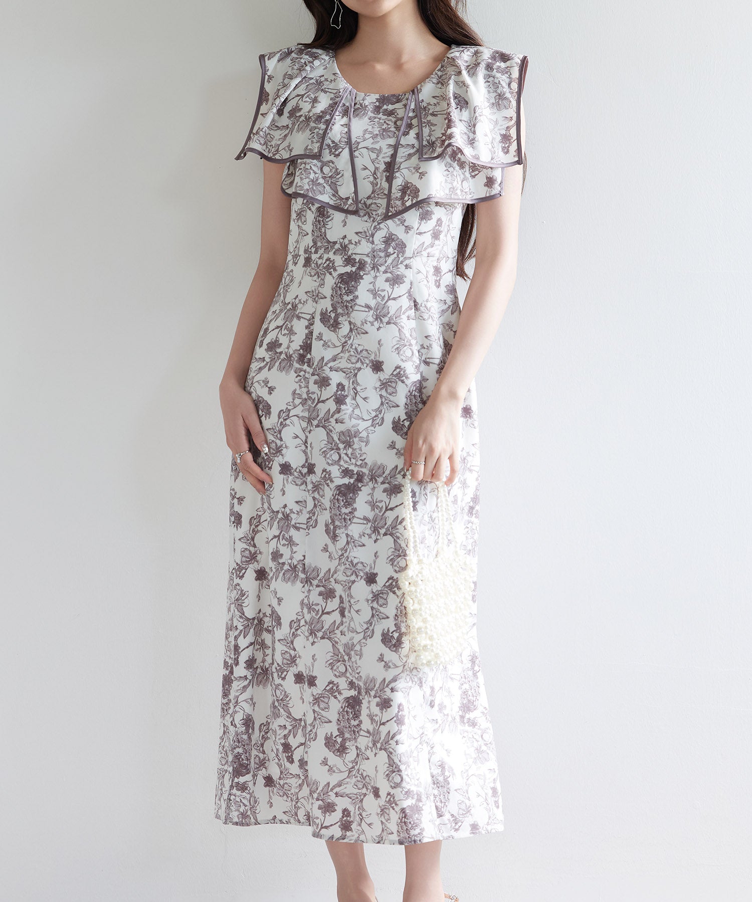 ラッフルカラー花柄ロングワンピースsdp0315 グレー