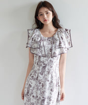 ラッフルカラー花柄ロングワンピースsdp0315 グレー