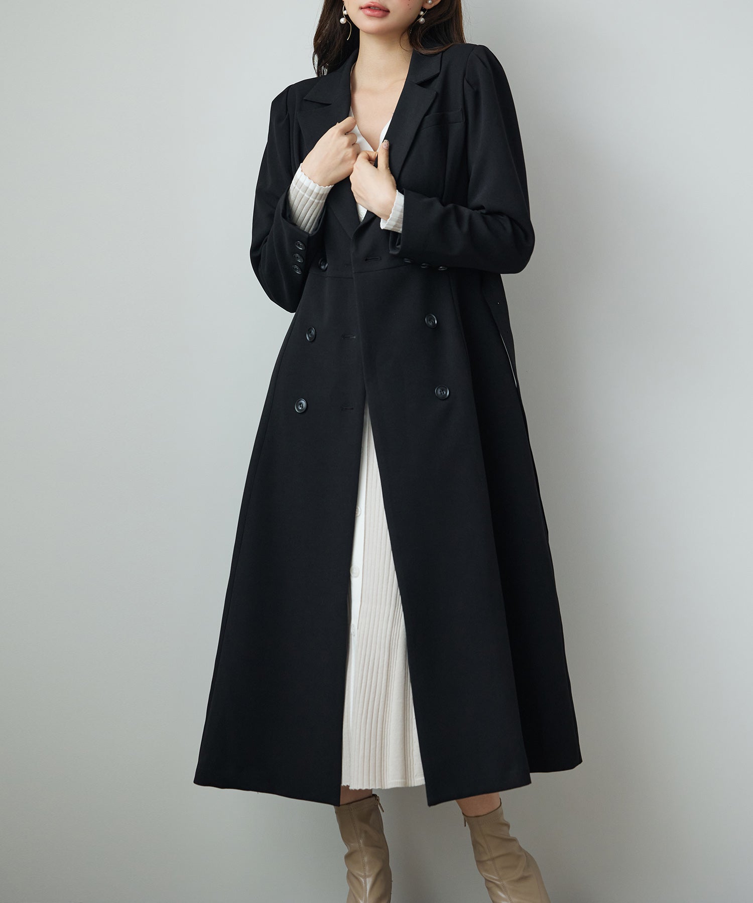 テーラードダブルブレストロングトレンチコートsdp0316 ブラック