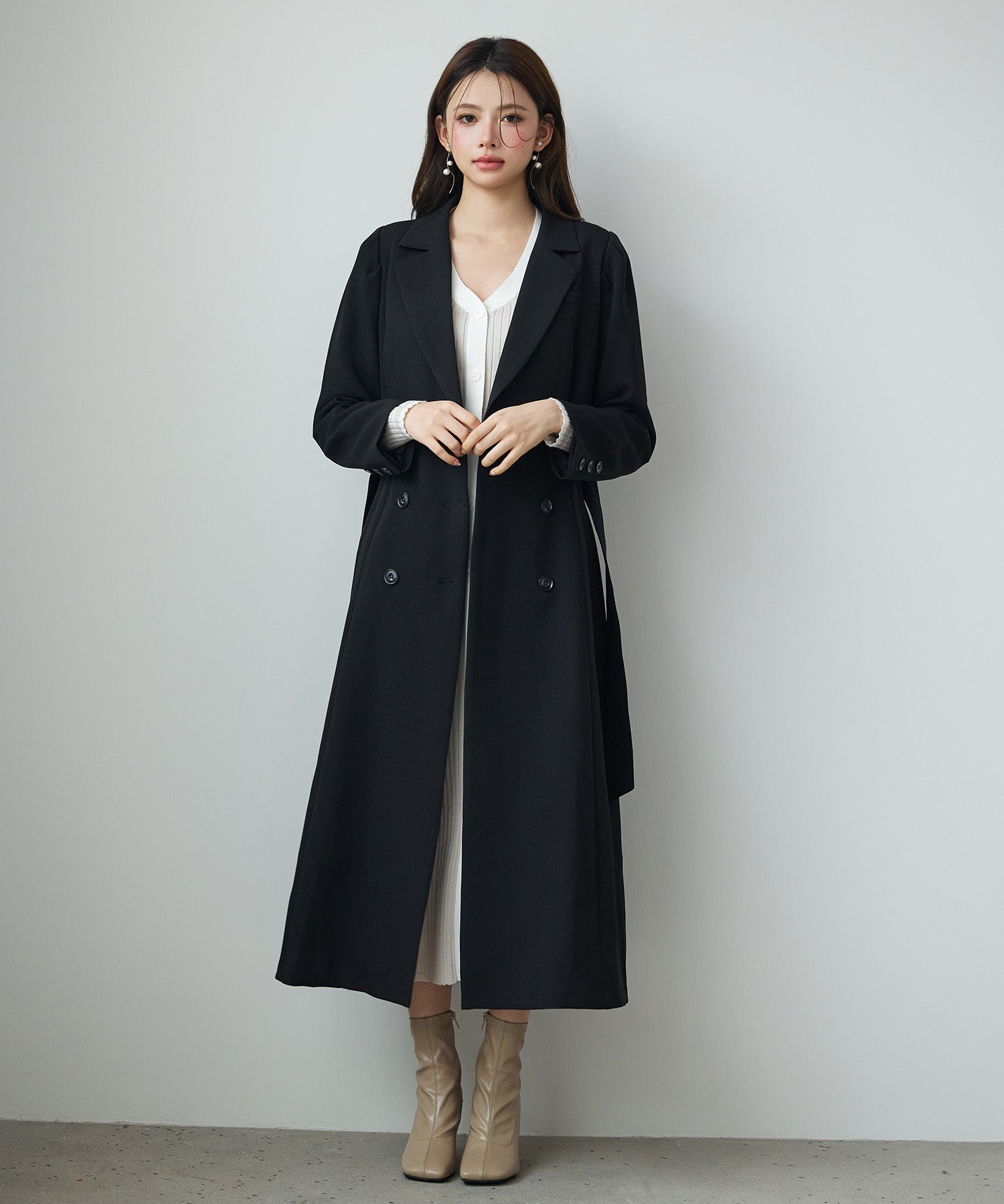 テーラードダブルブレストロングトレンチコートsdp0316 ブラック