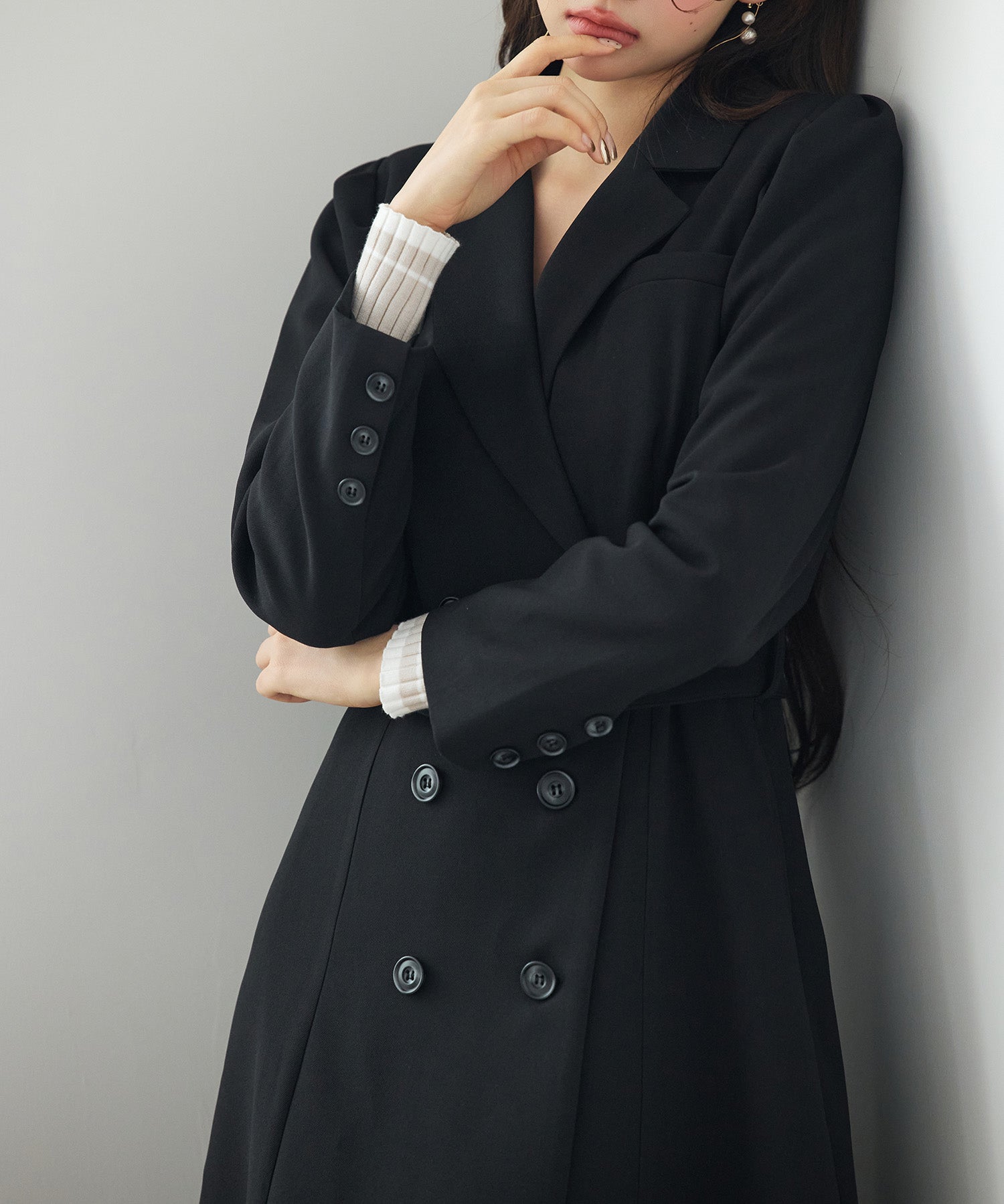 テーラードダブルブレストロングトレンチコートsdp0316 ブラック