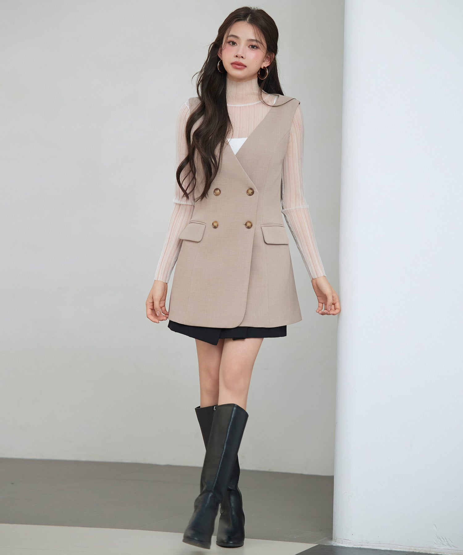 ノーカラーダブルブレストベストsdp0317 ベージュ