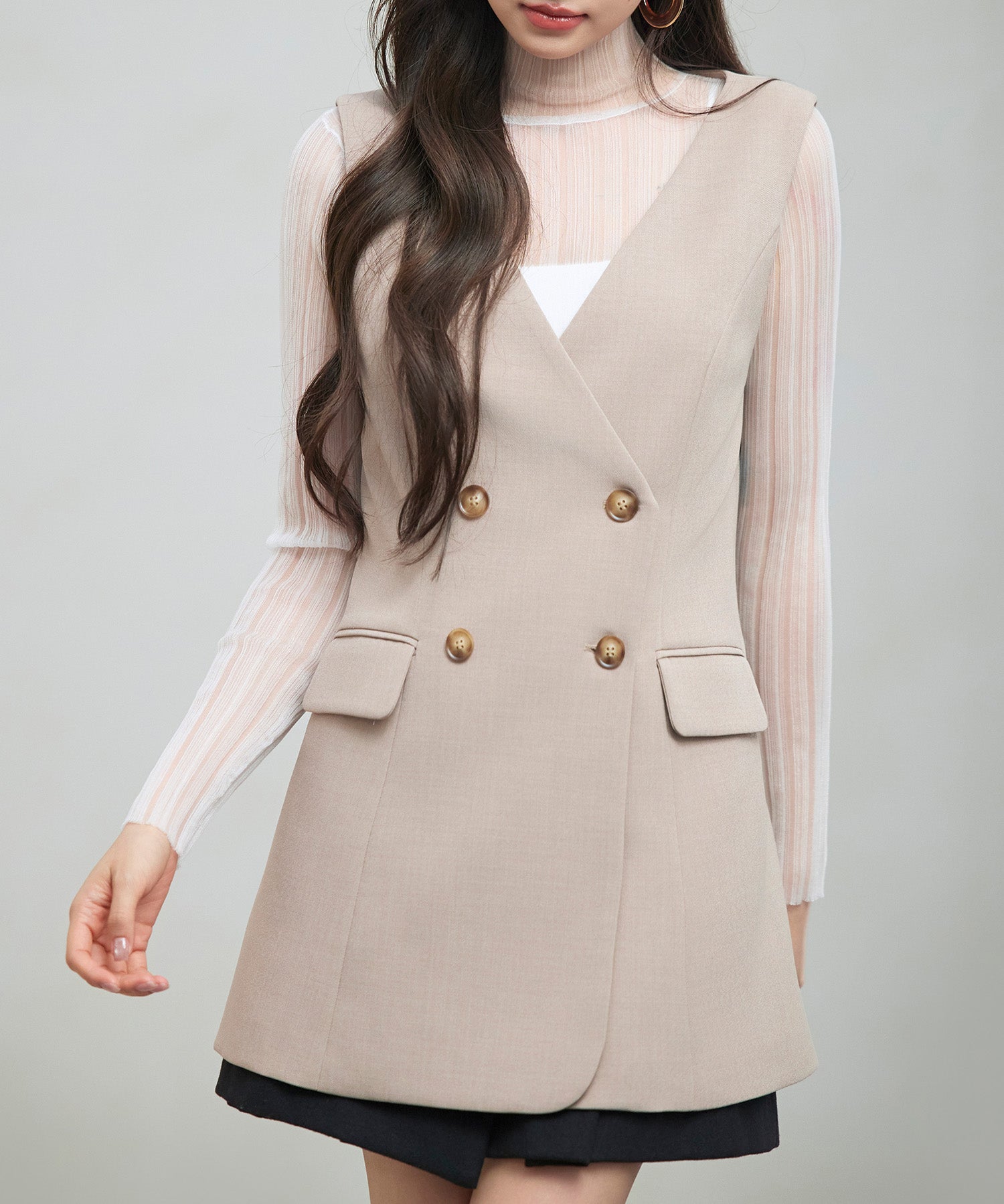 ノーカラーダブルブレストベストsdp0317 ベージュ