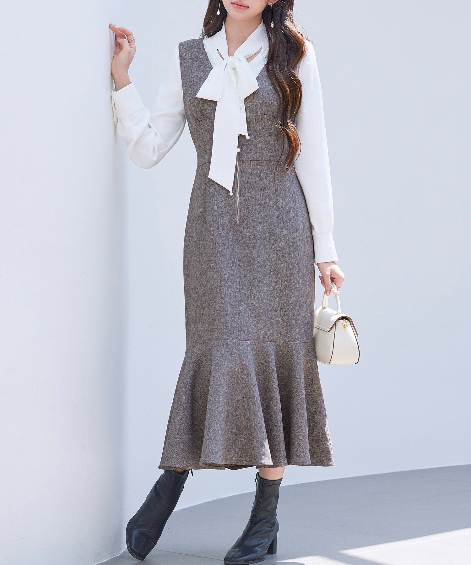 トランペットラインのマーメイドロングワンピースsdp0318 ブラウン