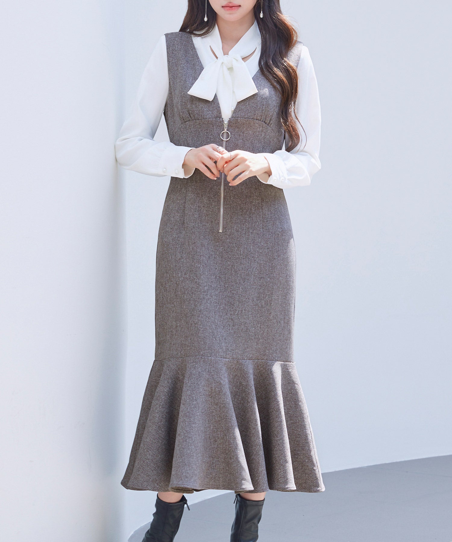 トランペットラインのマーメイドロングワンピースsdp0318 ブラウン