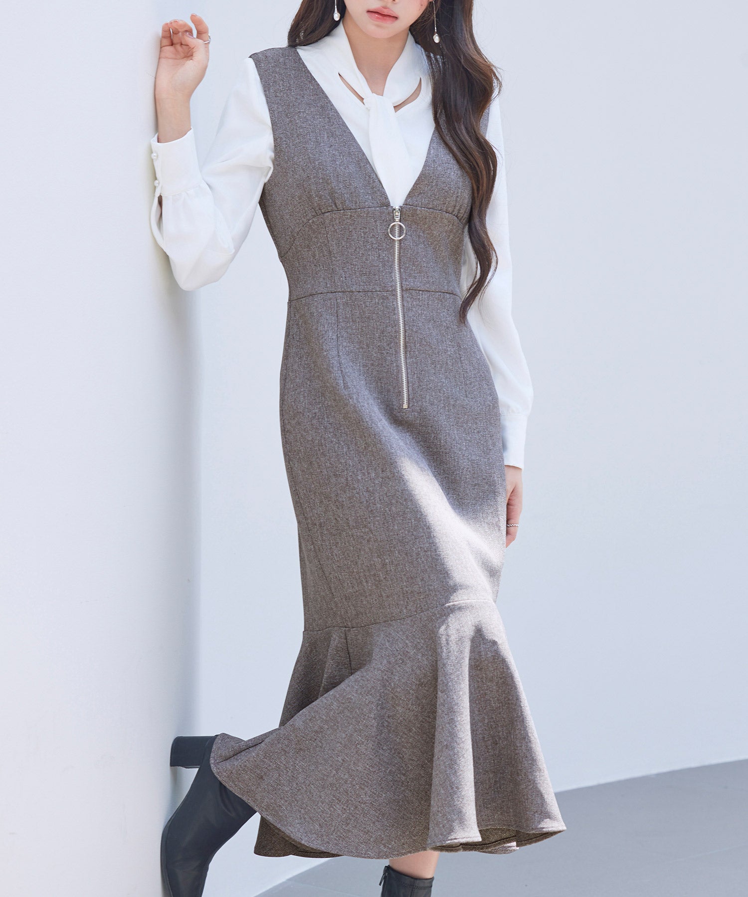 トランペットラインのマーメイドロングワンピースsdp0318 ブラウン