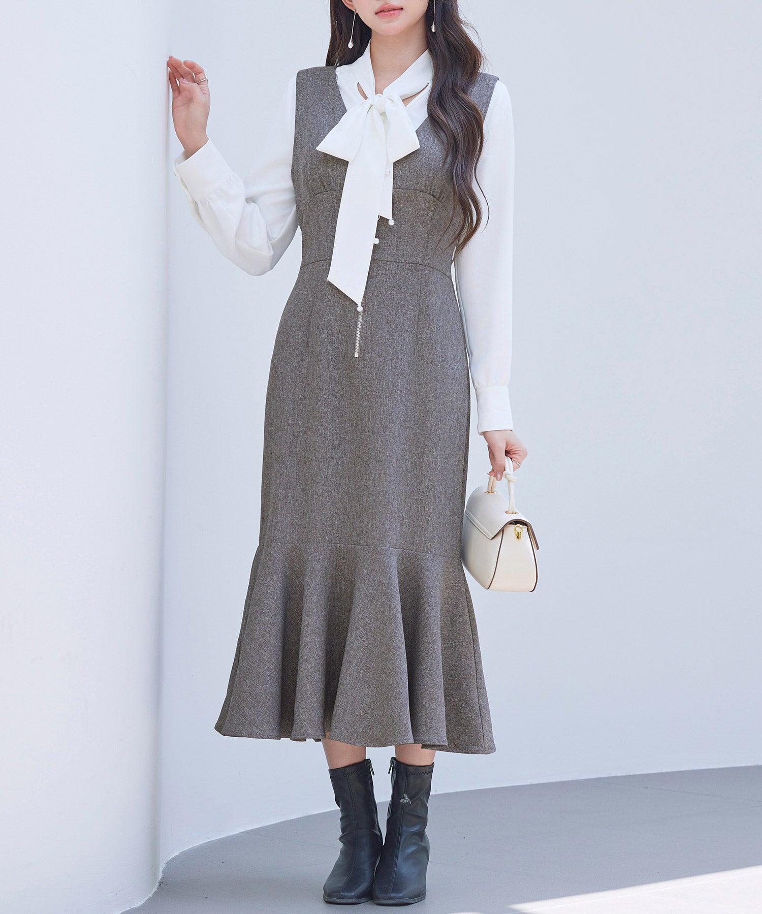 トランペットラインのマーメイドロングワンピースsdp0318 ブラウン