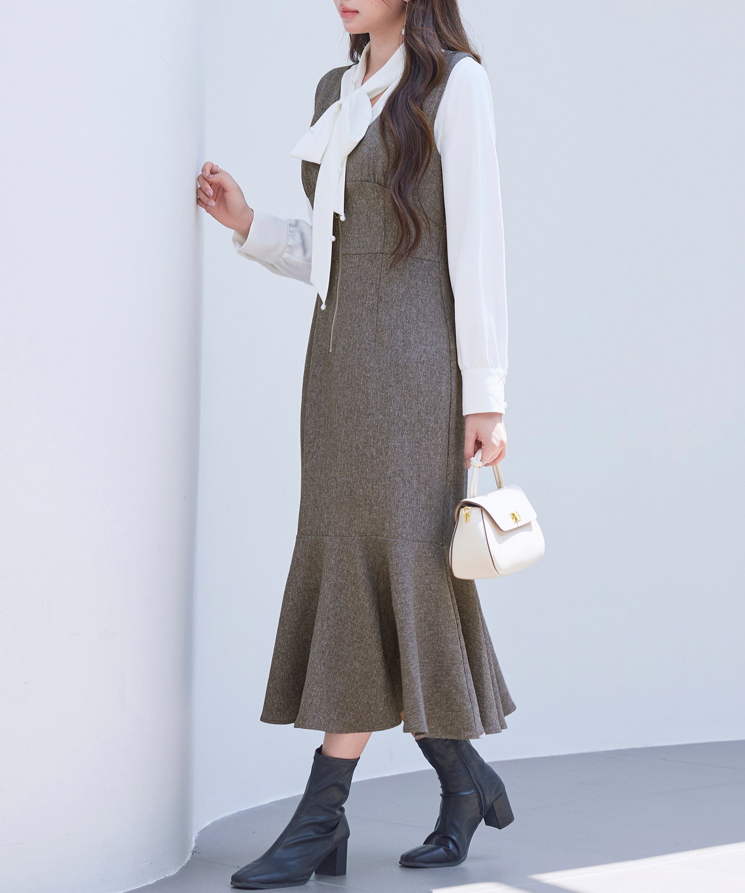 トランペットラインのマーメイドロングワンピースsdp0318 ブラウン