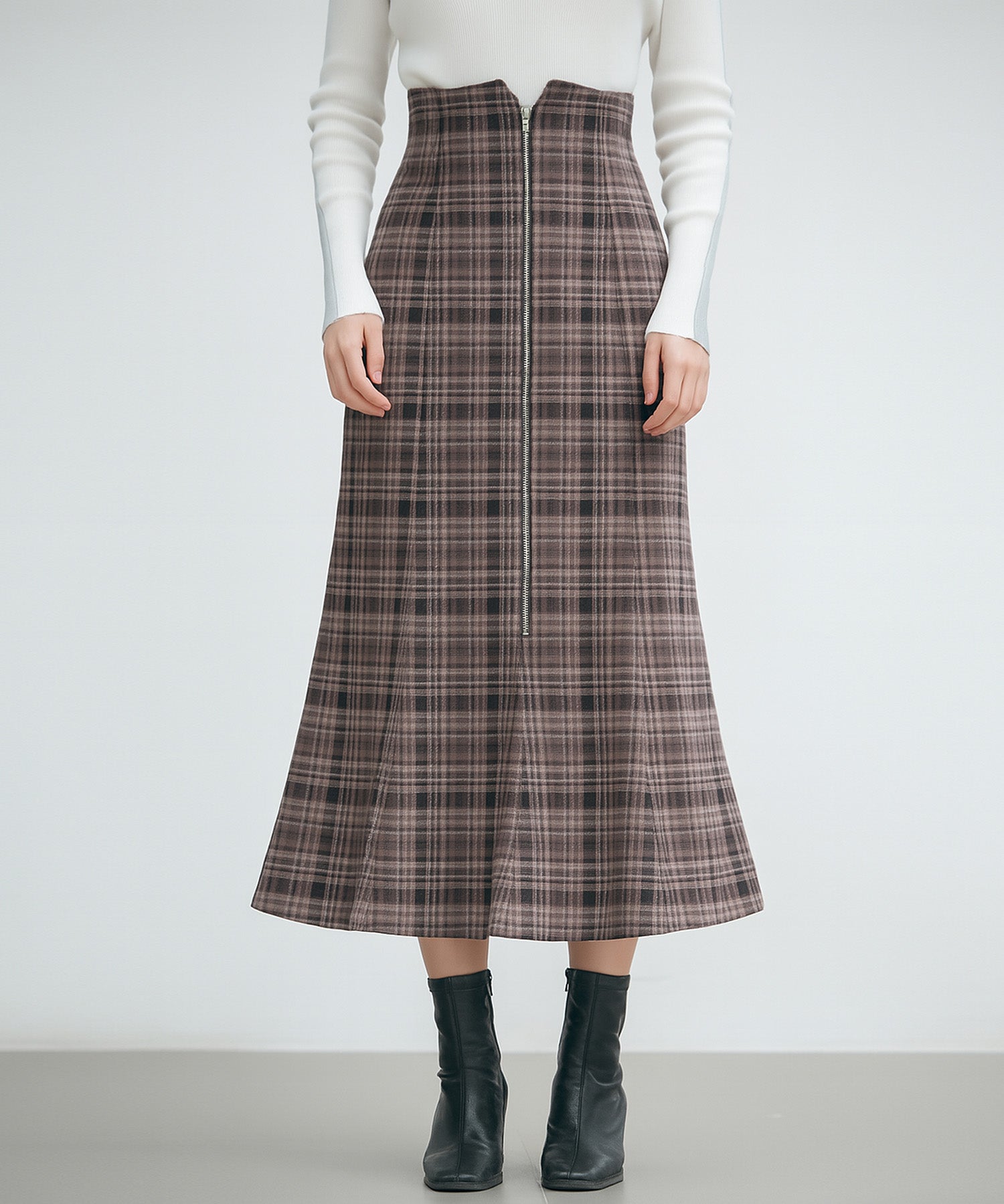 チェックのハイウエストロングスカートsdp0319 ブラウン